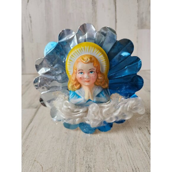 Vintage aluminum angel cherub tree topper metal mini blue blow mold Xmas tree - Picture 1 of 9
